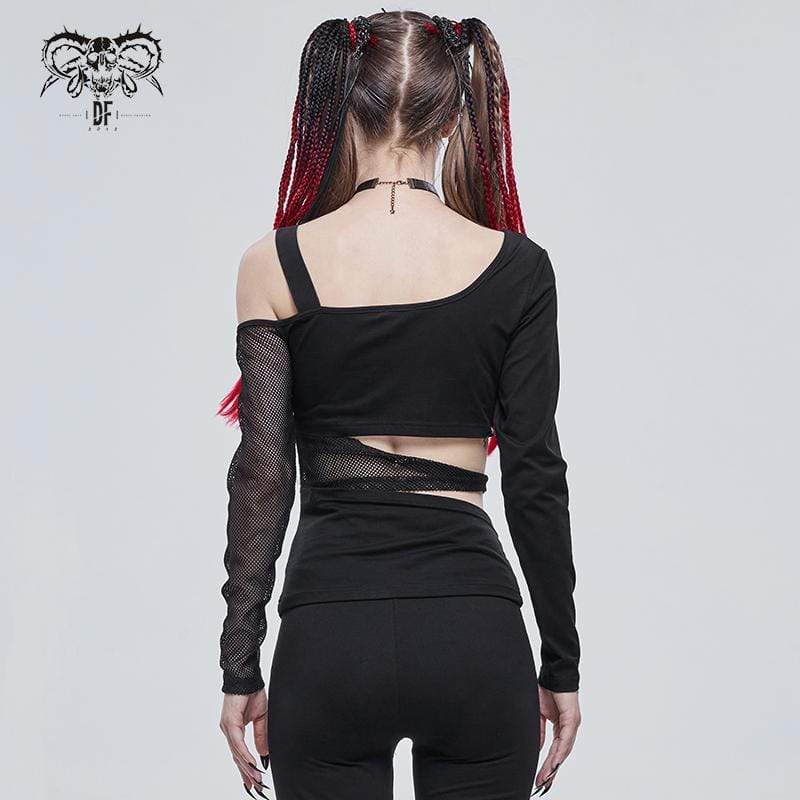 Women's Gothic Slash Shoulder Mesh Splice Top