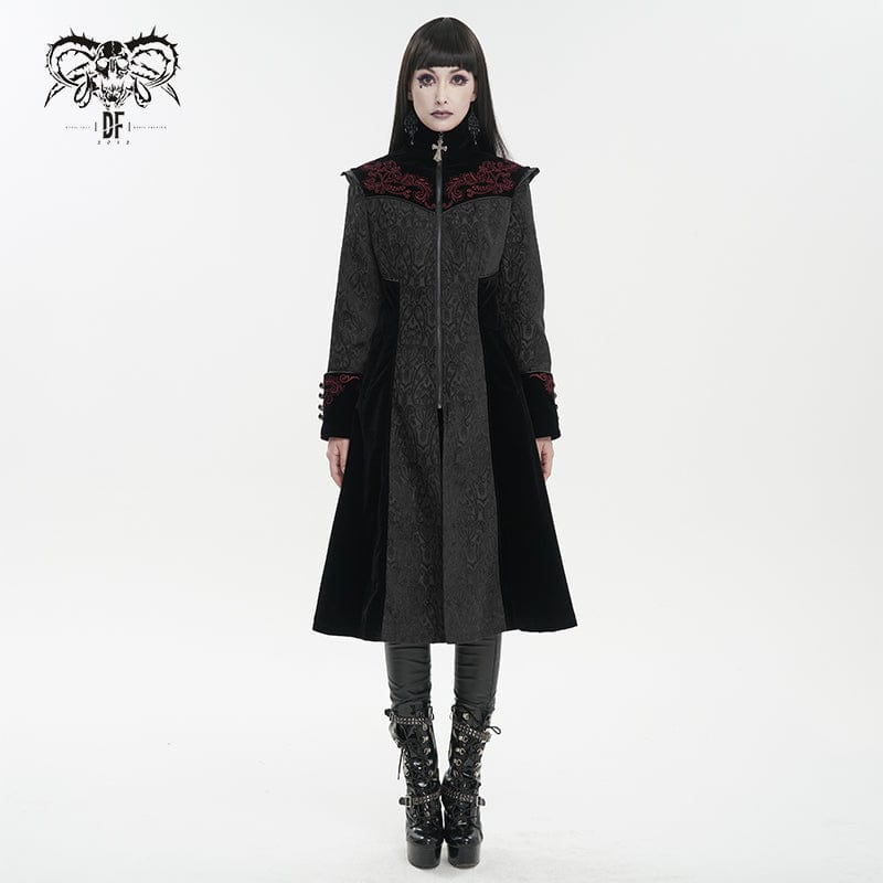 DEVIL FASHION Women's Gothic Stand Collar Floral Embroidered Coat Black