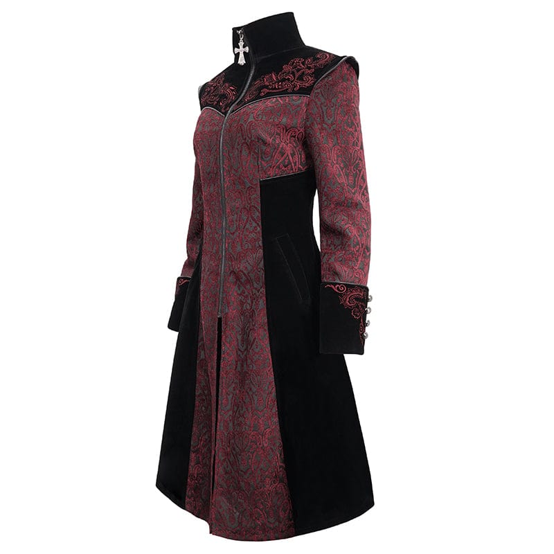 DEVIL FASHION Women's Gothic Stand Collar Floral Embroidered Coat Red
