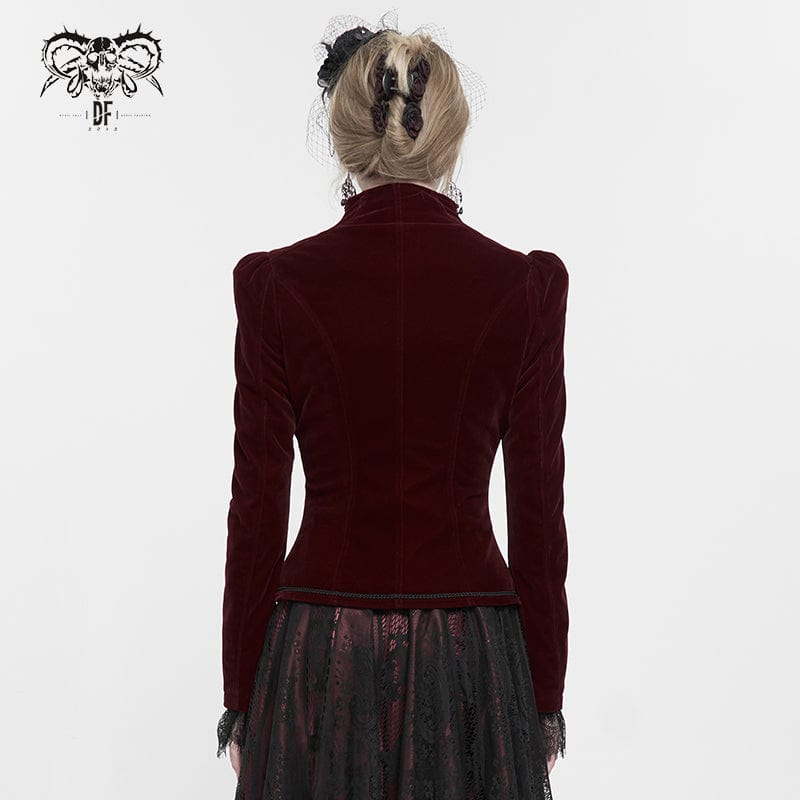 DEVIL FASHION Women's Gothic Stand Collar Floral Embroidered Jacket Red