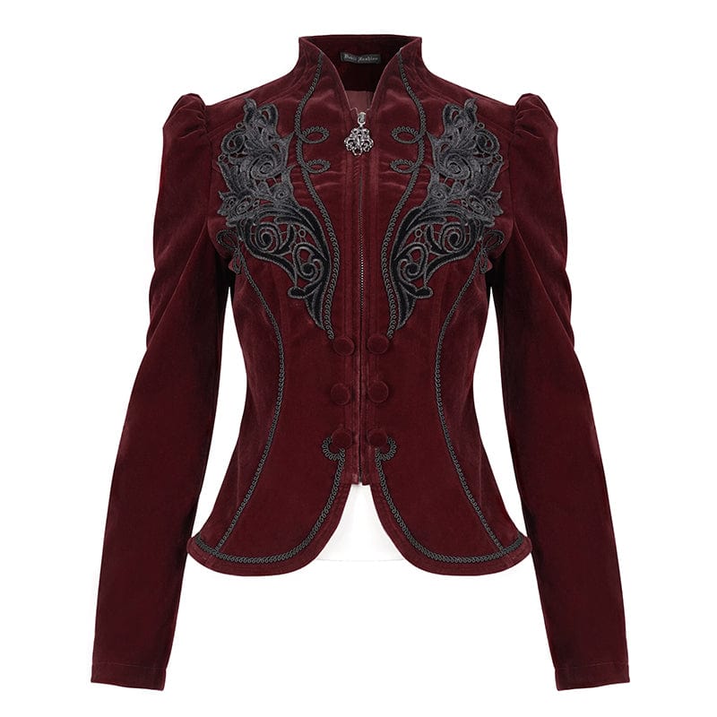 DEVIL FASHION Women's Gothic Stand Collar Floral Embroidered Jacket Red