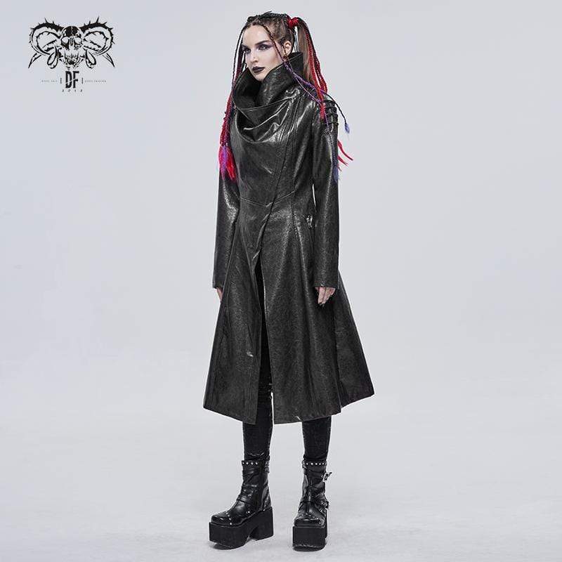 Women's Gothic Stand Collar Zipper Faux Leather Long Coat Black