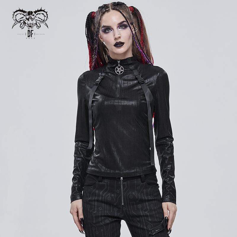 Women's Gothic Stickup Buckles Zipper Top