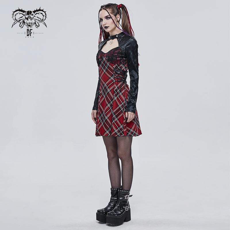 Women's Gothic Strappy Cutout Splice Plaid Dress