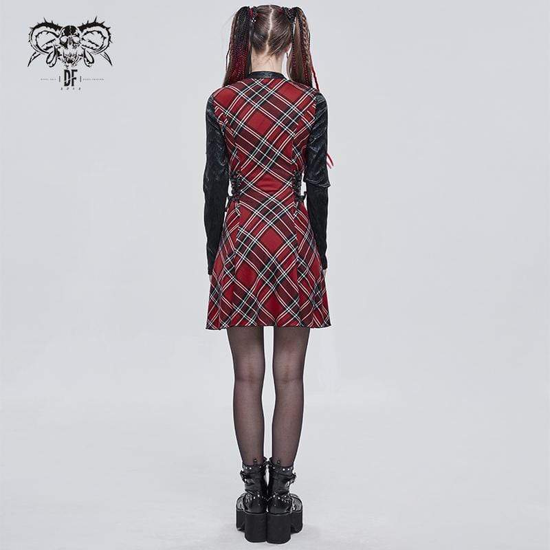 Women's Gothic Strappy Cutout Splice Plaid Dress