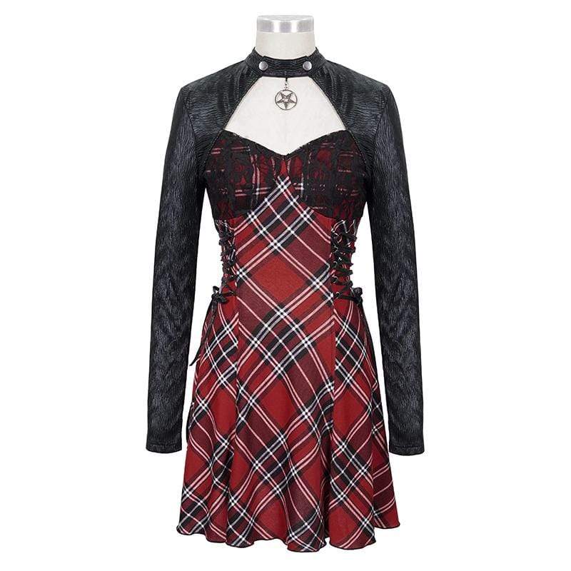 Women's Gothic Strappy Cutout Splice Plaid Dress