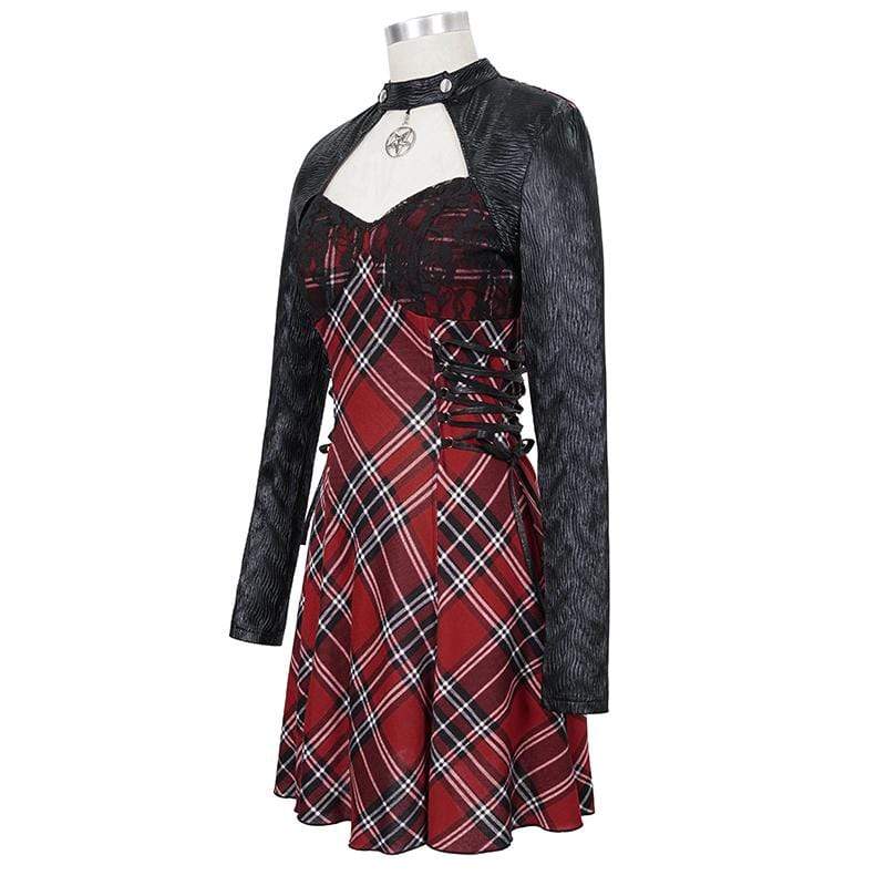 Women's Gothic Strappy Cutout Splice Plaid Dress