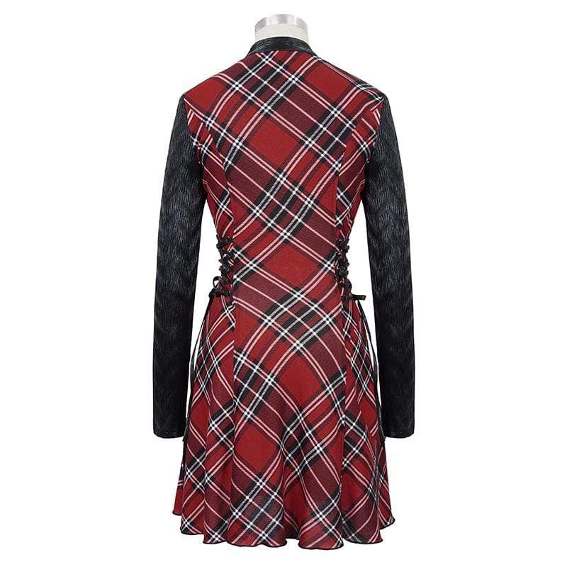 Women's Gothic Strappy Cutout Splice Plaid Dress