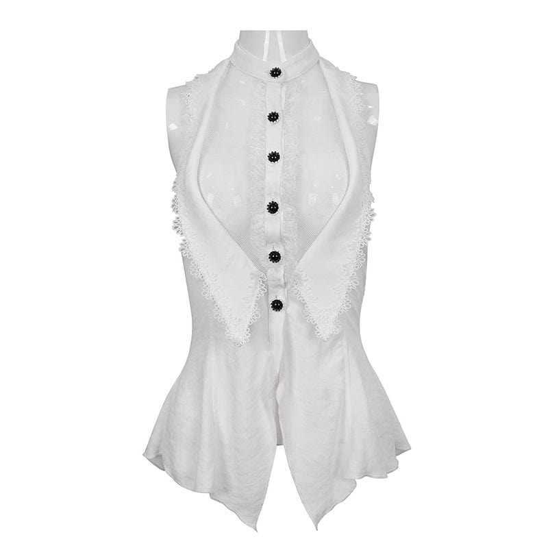 DEVIL FASHION Women's Gothic Strappy Floral Embroidered Ruffled White Vest