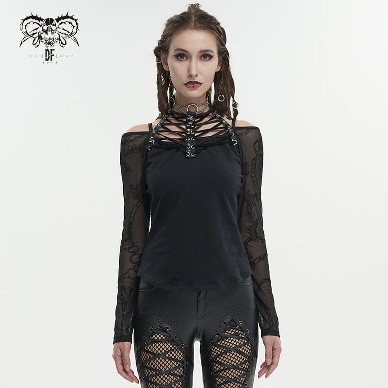 DEVIL FASHION Women's Gothic Strappy Halterneck Mesh Shirt