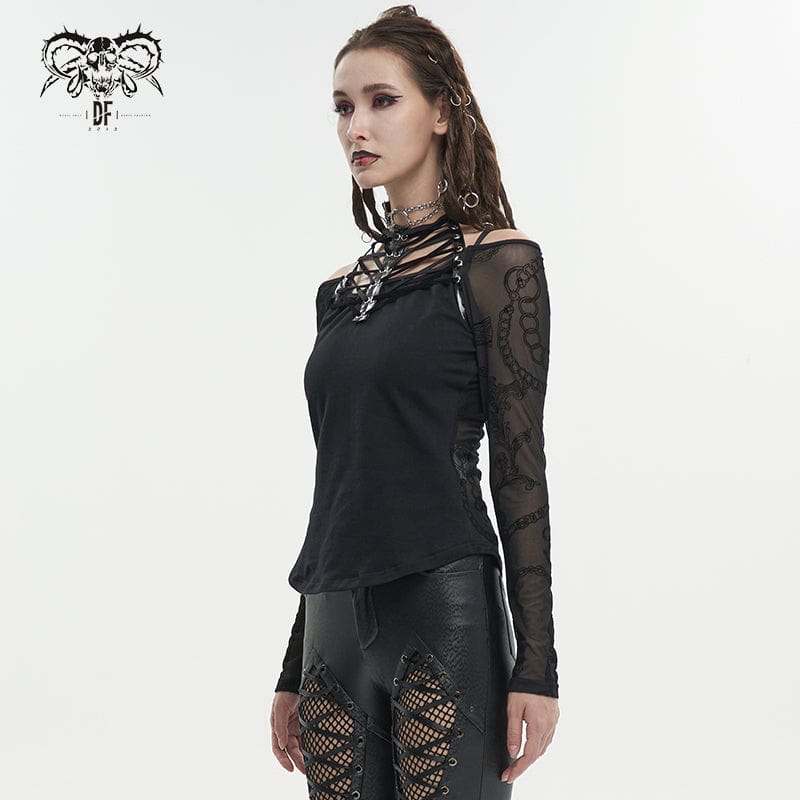 DEVIL FASHION Women's Gothic Strappy Halterneck Mesh Shirt