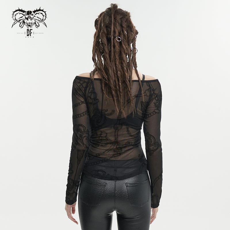 DEVIL FASHION Women's Gothic Strappy Halterneck Mesh Shirt