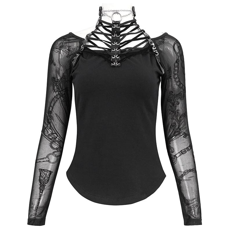 DEVIL FASHION Women's Gothic Strappy Halterneck Mesh Shirt