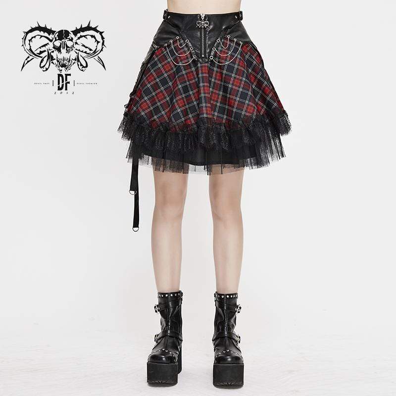 DEVIL FASHION Women's Gothic Strappy Mesh Plaid Skirts With Chains
