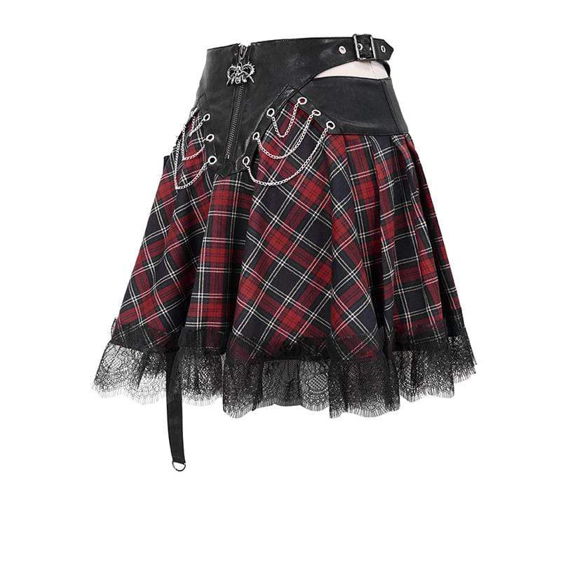 DEVIL FASHION Women's Gothic Strappy Mesh Plaid Skirts With Chains