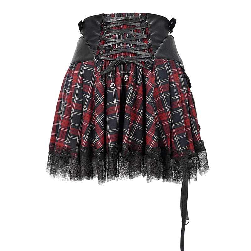 DEVIL FASHION Women's Gothic Strappy Mesh Plaid Skirts With Chains