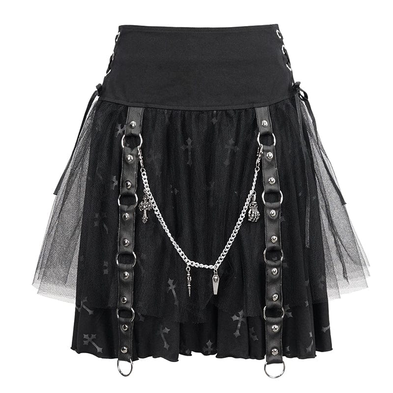 DEVIL FASHION Women's Gothic Strappy Mesh Splice Chain Skirt