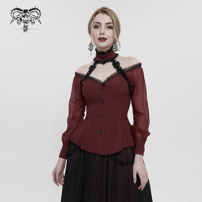 DEVIL FASHION Women's Gothic Strappy Off Shoulder Halterneck Shirt Red