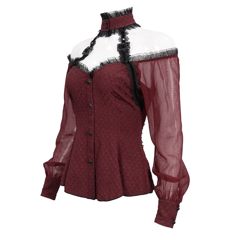 DEVIL FASHION Women's Gothic Strappy Off Shoulder Halterneck Shirt Red