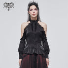 DEVIL FASHION Women's Gothic Strappy Off Shoulder Lace Hem Black Shirt