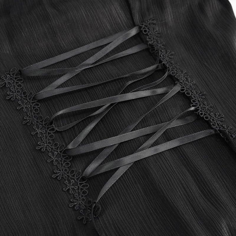 DEVIL FASHION Women's Gothic Strappy Off Shoulder Lace Hem Black Shirt