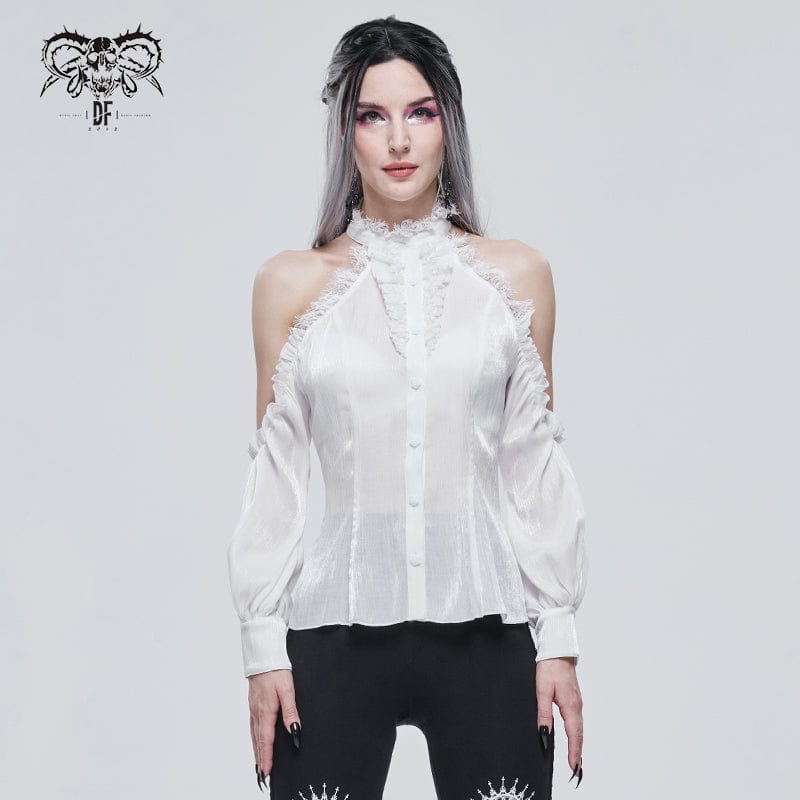 DEVIL FASHION Women's Gothic Strappy Off Shoulder Lace Hem White Shirt