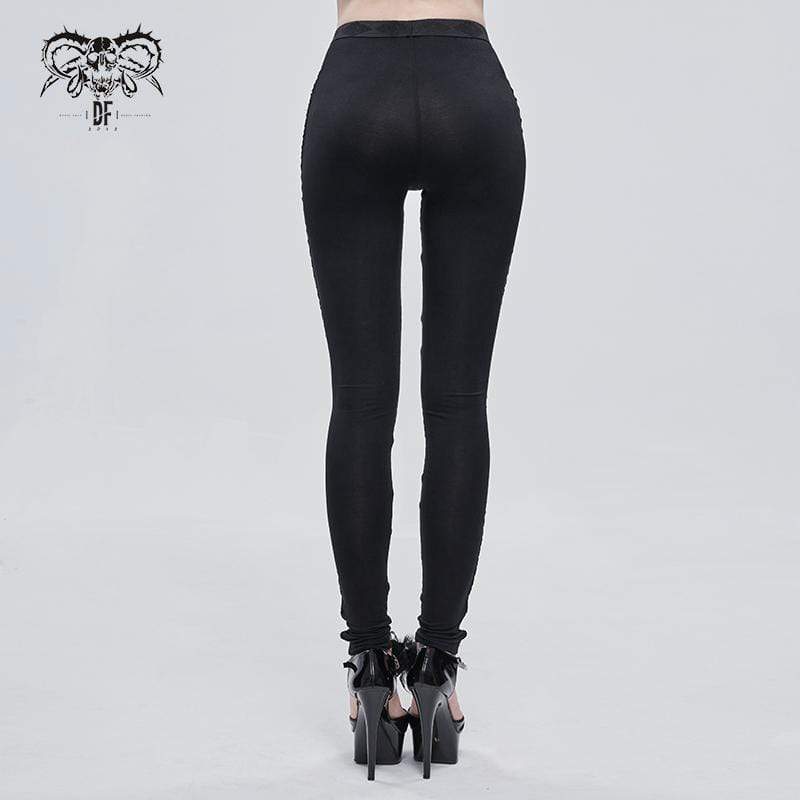 DEVIL FASHION Women's Gothic Strappy Printed Leggings White