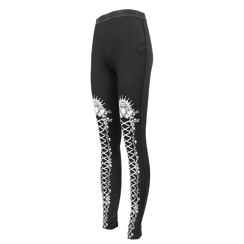 DEVIL FASHION Women's Gothic Strappy Printed Leggings White