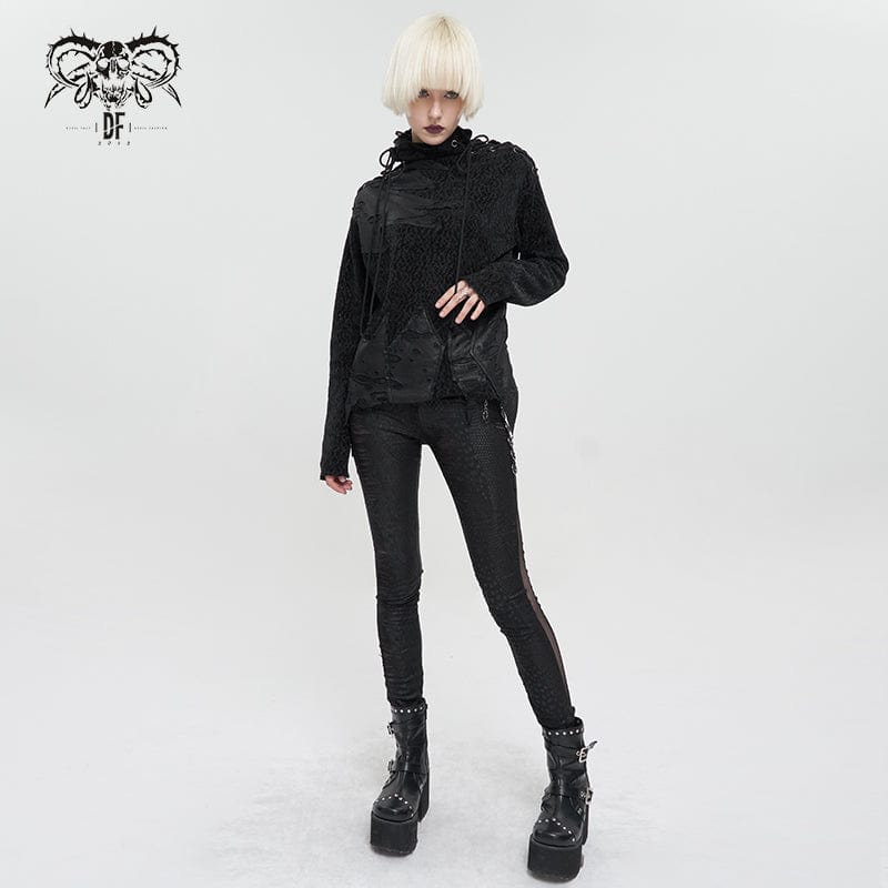 DEVIL FASHION Women's Gothic Strappy Turtleneck Ripped Shirt