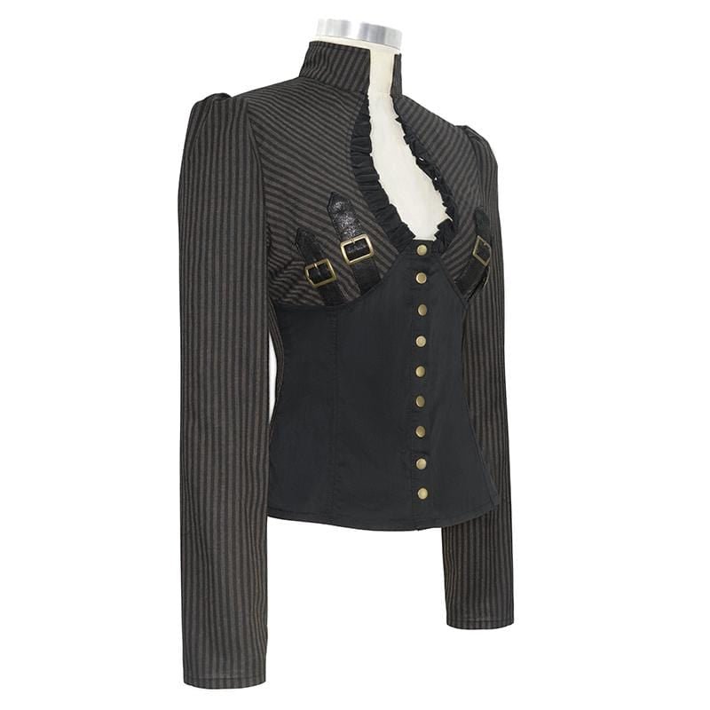 Women's Gothic Striped Falbala Splicing Faux Leather Shirts