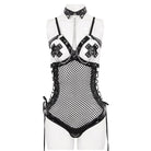 DEVIL FASHION Women's Gothic Studded Mesh Splice Patent Leather Bodysuit