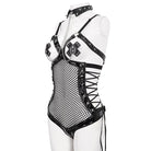 DEVIL FASHION Women's Gothic Studded Mesh Splice Patent Leather Bodysuit