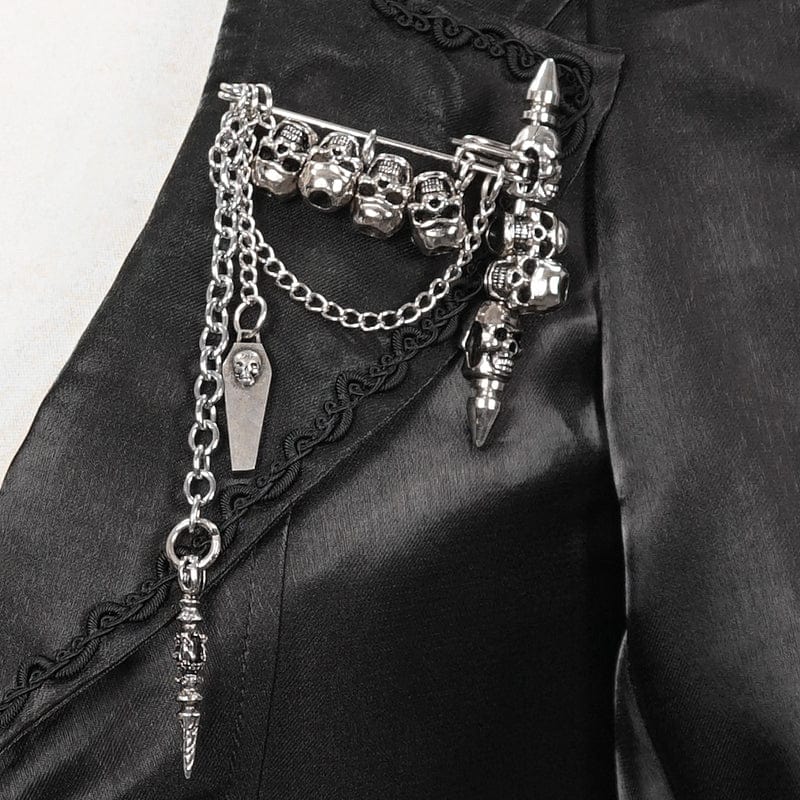 DEVIL FASHION Women's Gothic Turn-down Collar Strappy Long Coat with Skull Breastpin
