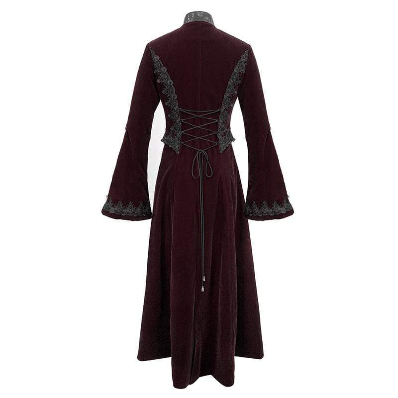 Women's Gothic Velet Large Lapel Flare Sleeve Long Coats Wine Red