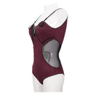 Women's Gothic Wine Red One Piece Cutout Swimsuit with Black Straps