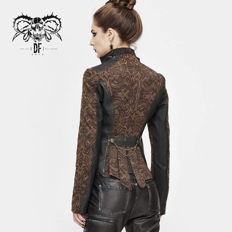 Women's Gothic Zip Faux Leather Splicing Jacquard Jackets Coffee