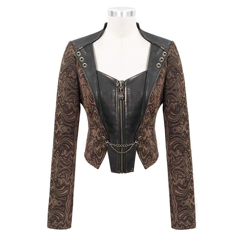 Women's Gothic Zip Faux Leather Splicing Jacquard Jackets Coffee