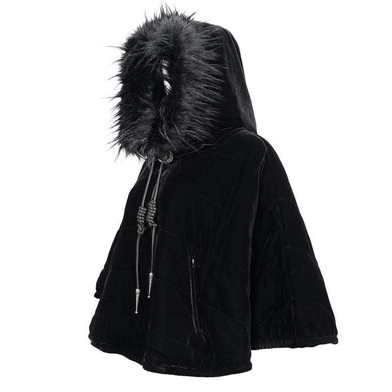 DEVIL FASHION Women's Gothic Zipper Velvet Cloak with Witch Hood