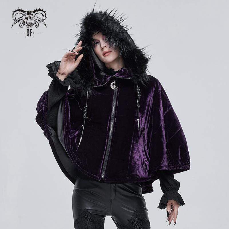 DEVIL FASHION Women's Gothic Zipper Velvet Cloak with Witch Hood