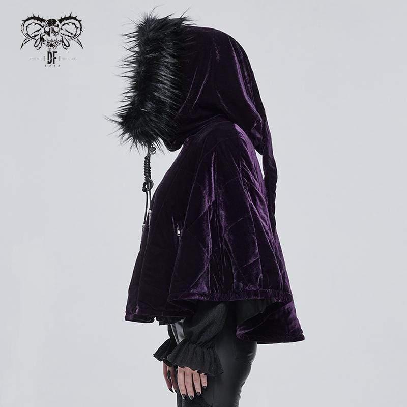 DEVIL FASHION Women's Gothic Zipper Velvet Cloak with Witch Hood