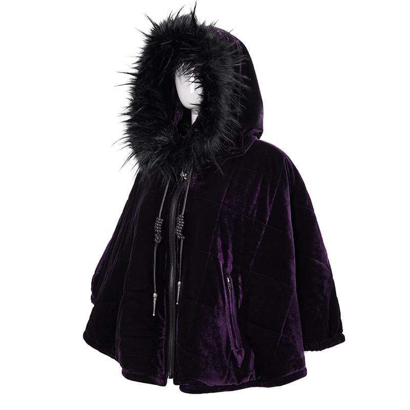 DEVIL FASHION Women's Gothic Zipper Velvet Cloak with Witch Hood