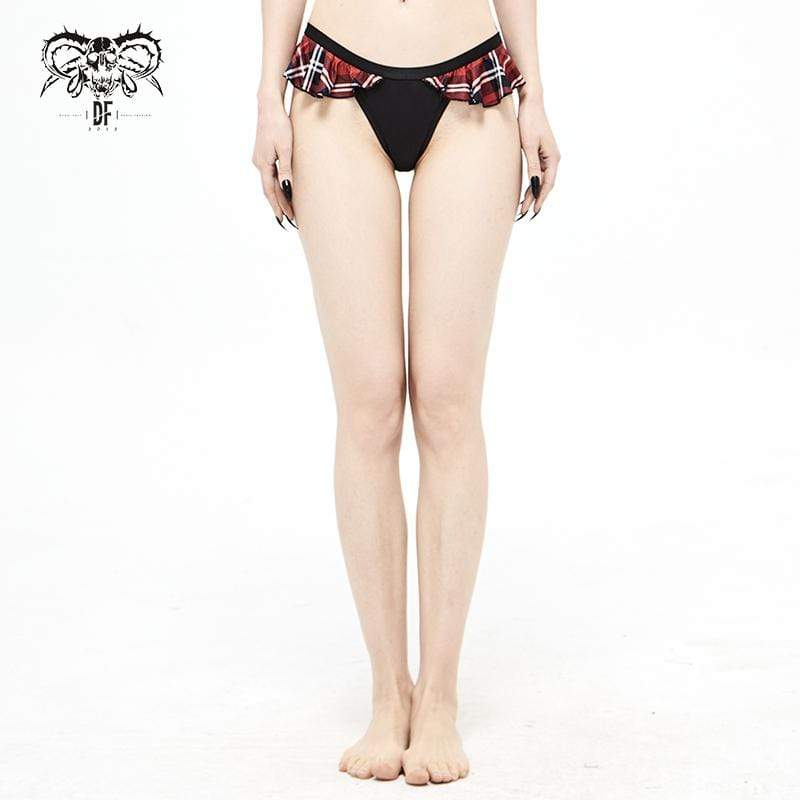 Women's Grunge Black Cheeky Bikini Bottoms with Scottish Check Ruffles