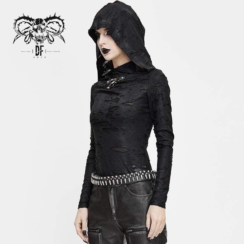 DEVIL FASHION Women's Grunge Ripped Long Sleeve Tops With Hood