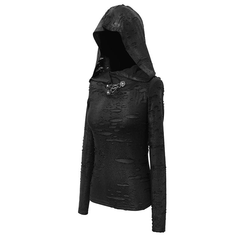 DEVIL FASHION Women's Grunge Ripped Long Sleeve Tops With Hood