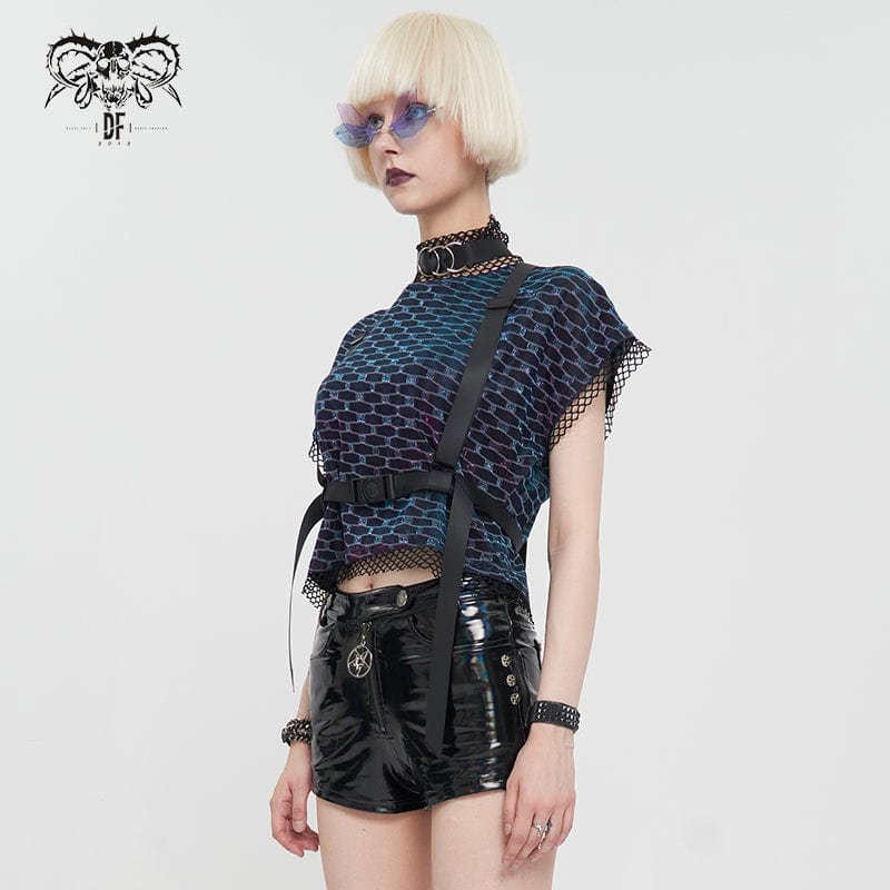 DEVIL FASHION Women's Grunge Scaly Printed Splice Mesh Crop Top with Buckle Strap