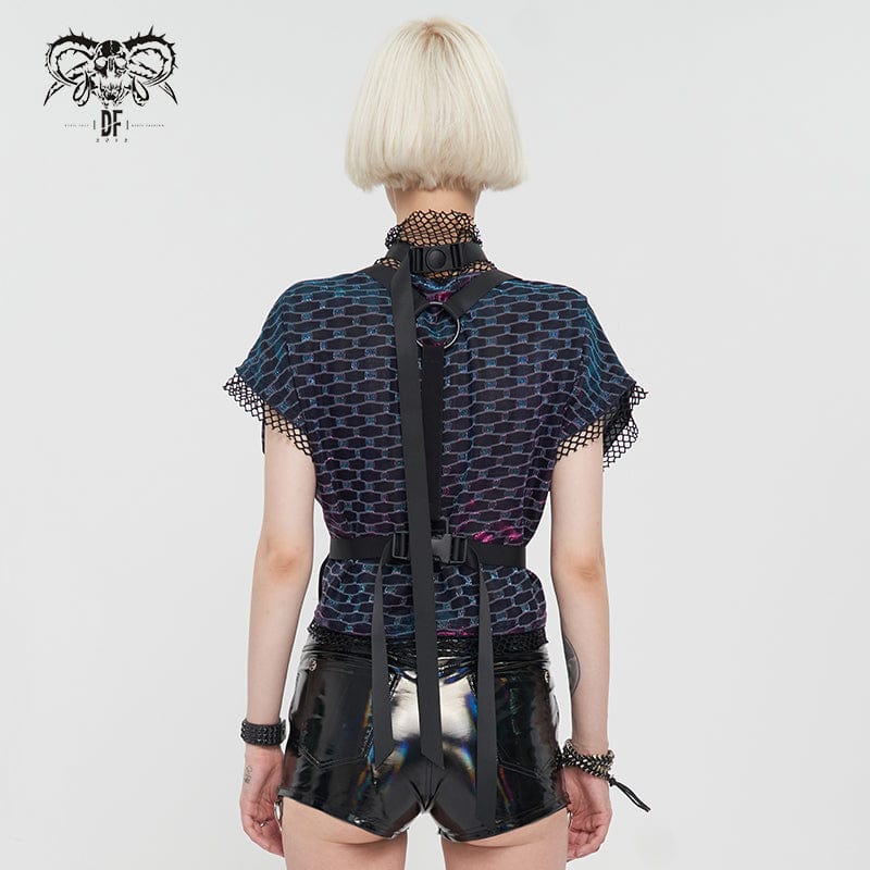 DEVIL FASHION Women's Grunge Scaly Printed Splice Mesh Crop Top with Buckle Strap