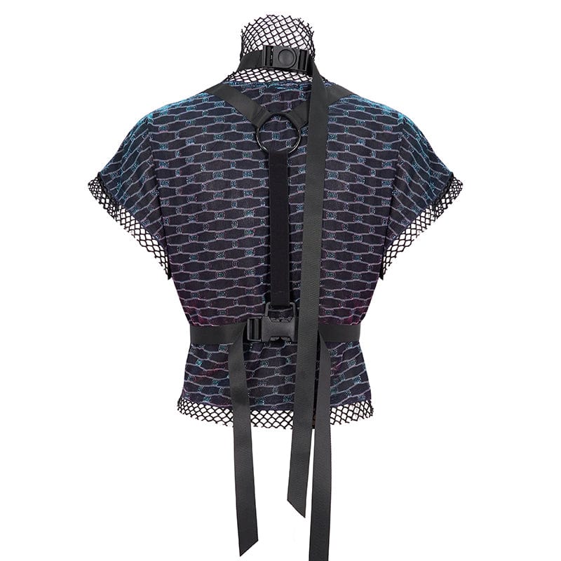 DEVIL FASHION Women's Grunge Scaly Printed Splice Mesh Crop Top with Buckle Strap