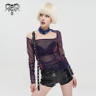 DEVIL FASHION Women's Grunge Slash Shoulder Chromatic Sheer Shirt