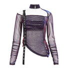 DEVIL FASHION Women's Grunge Slash Shoulder Chromatic Sheer Shirt