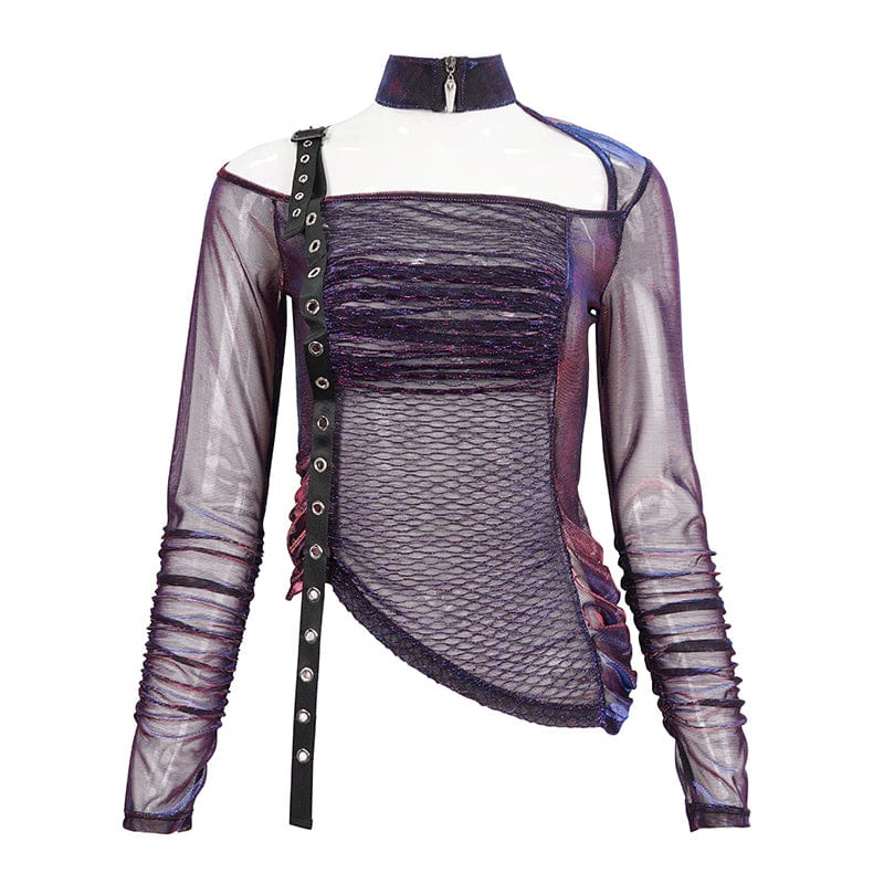 DEVIL FASHION Women's Grunge Slash Shoulder Chromatic Sheer Shirt
